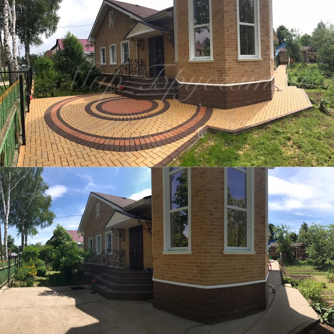 Коллаж из двух фото: площадка у входа в кирпичный дом с круглым узором из жёлто-коричнево-красной плитки