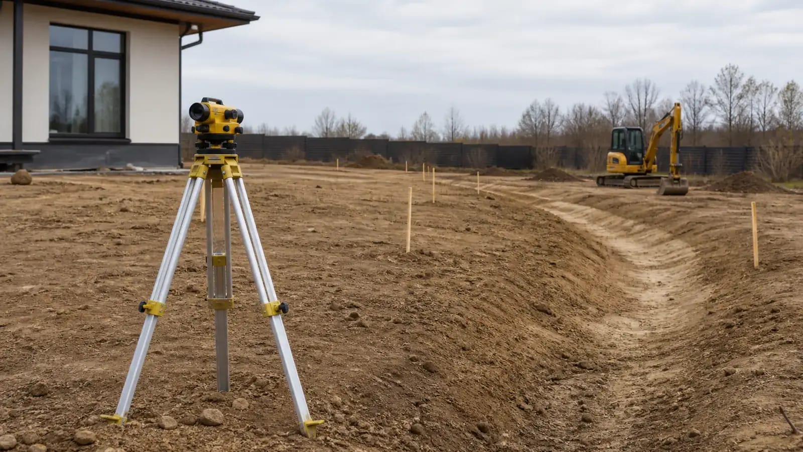 Геодезист с нивелиром снимает отметки рельефа на загородном участке